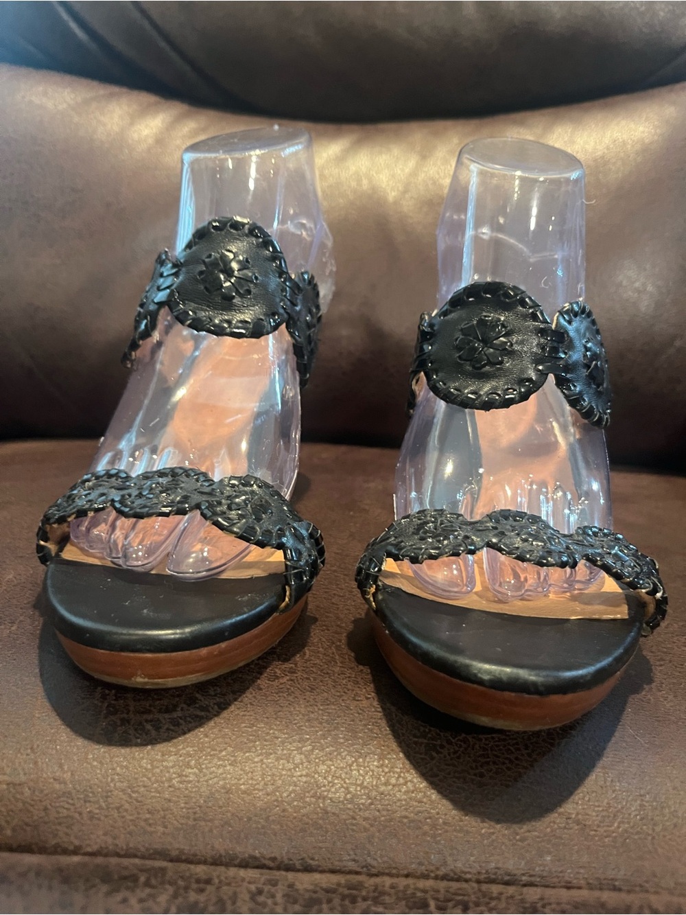 Jack Rogers Black Woven Leather Slide Sandals with Medallions